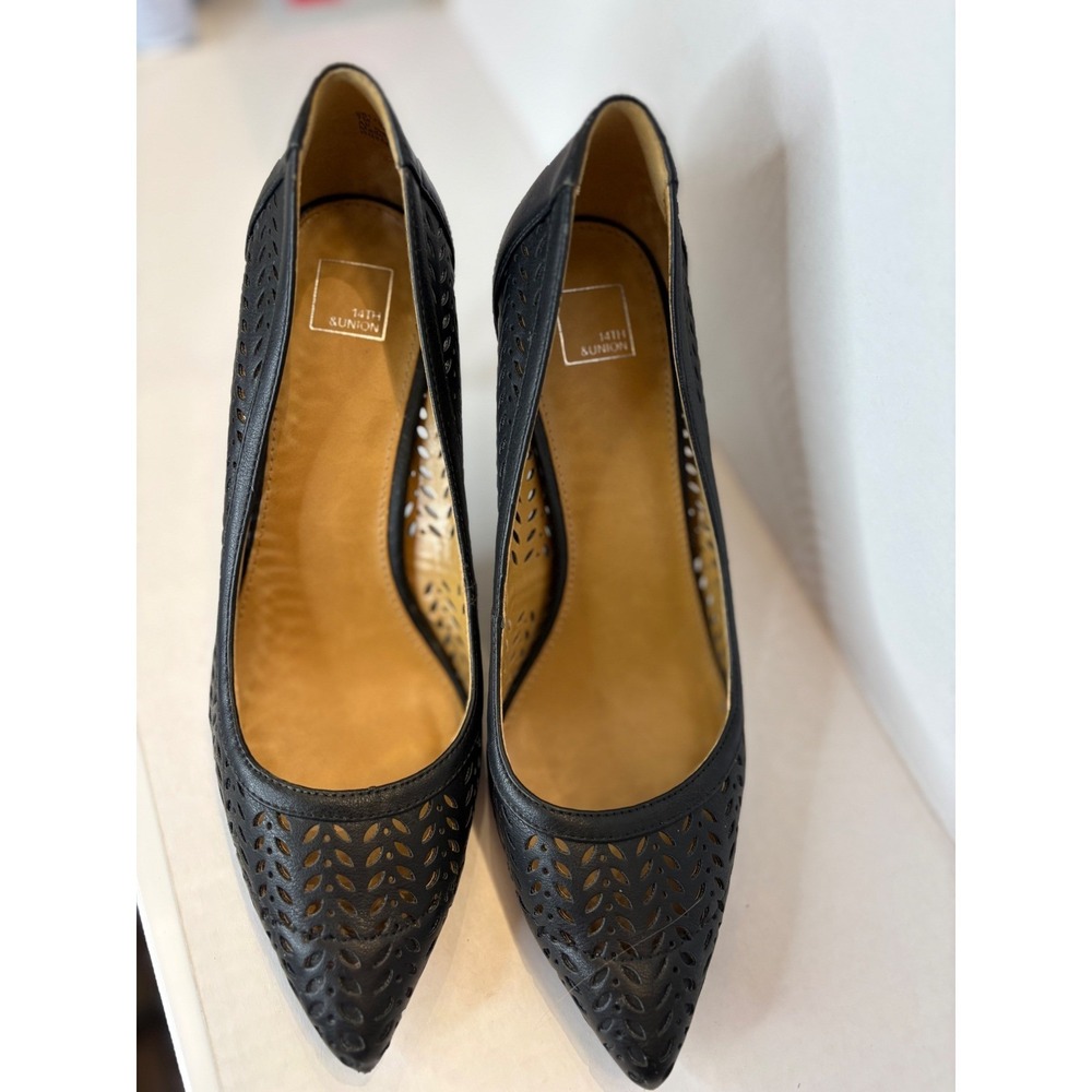 14th & Union Womens Black Laser Cut Perforated Pointed Toe Stiletto Pumps 7M - Picture 3 of 5